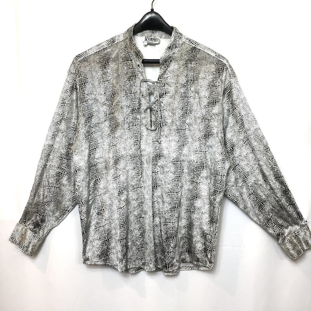 * 70's Style Disco Scorpio Blk Wh Snakeprint Velveteen Drawstring Shirt Large
